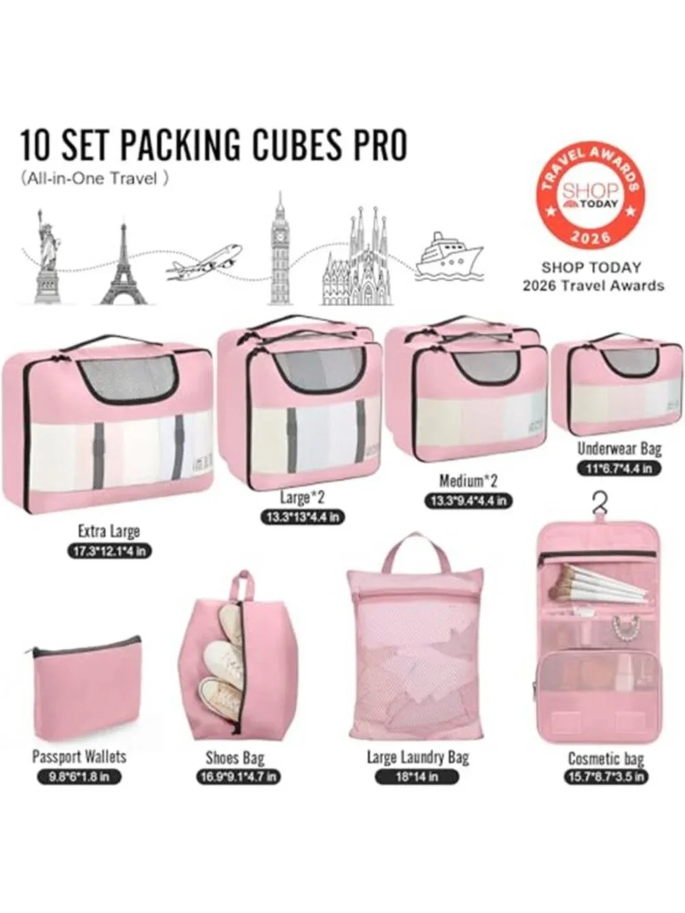 10 Piece Packing Cubes Travel Luggage Suitcase Organizer Toiletry Shoe Bag Pink